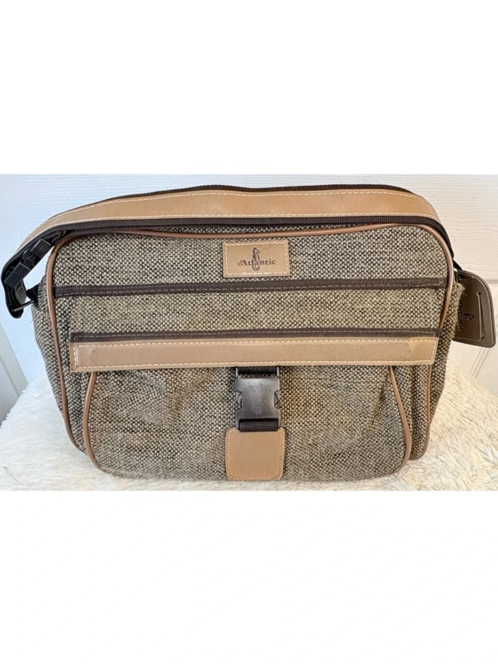 Vintage 70s Atlantic USA Tan Wool Tweed Carry-On Bag Travel Weekender Luggage
